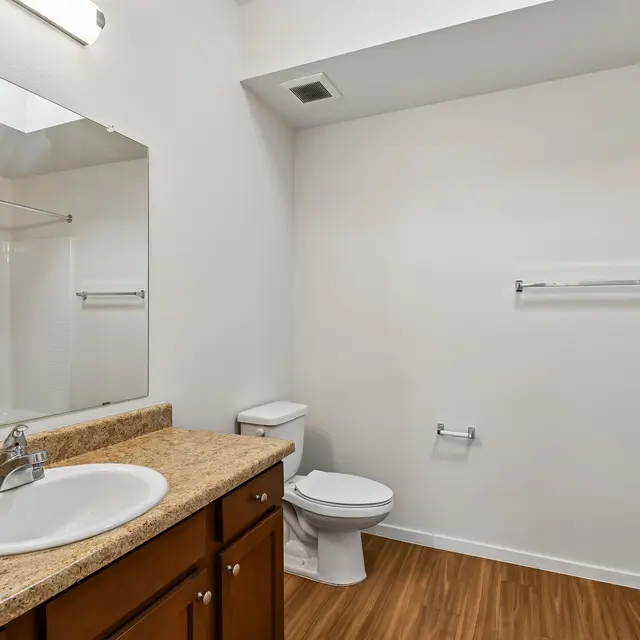 Modern Bathroom Interior An interior view of a bathroom featuring a granite countertop, sink, wooden cabinetry, and a toilet. A large mirror hangs above the sink, and the floor has a wood-like finish.