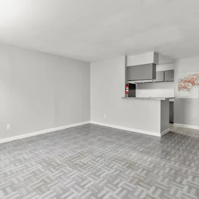 A spacious, empty living area with grey patterned flooring and light grey walls. The kitchenette is visible at one end, with a small bar area and a doorway leading to another room.