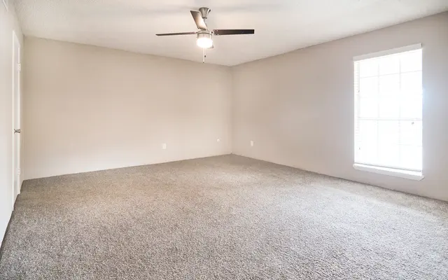 A spacious, empty room with light grey walls and a light carpet. There is a ceiling fan and a window with white blinds allowing natural light to enter.