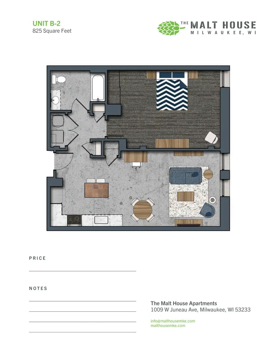 Apartment Floor Plan for Unit B-2 at The Malt House Floor plan of Unit B-2 at The Malt House Apartments, featuring a layout of rooms including a living space, bedroom, bathroom, and kitchen areas.