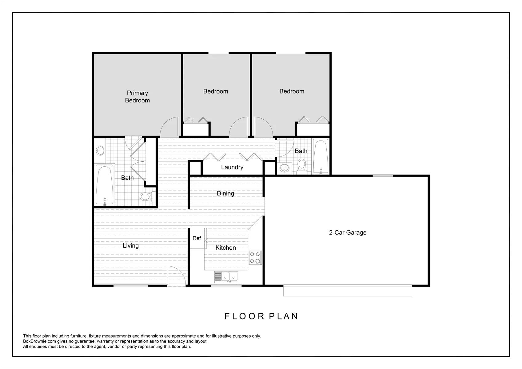 A detailed floor plan showing the layout of a house. The plan includes rooms such as a primary bedroom, two additional bedrooms, living area, dining, kitchen, two bathrooms, laundry, a hallway, and a two-car garage.