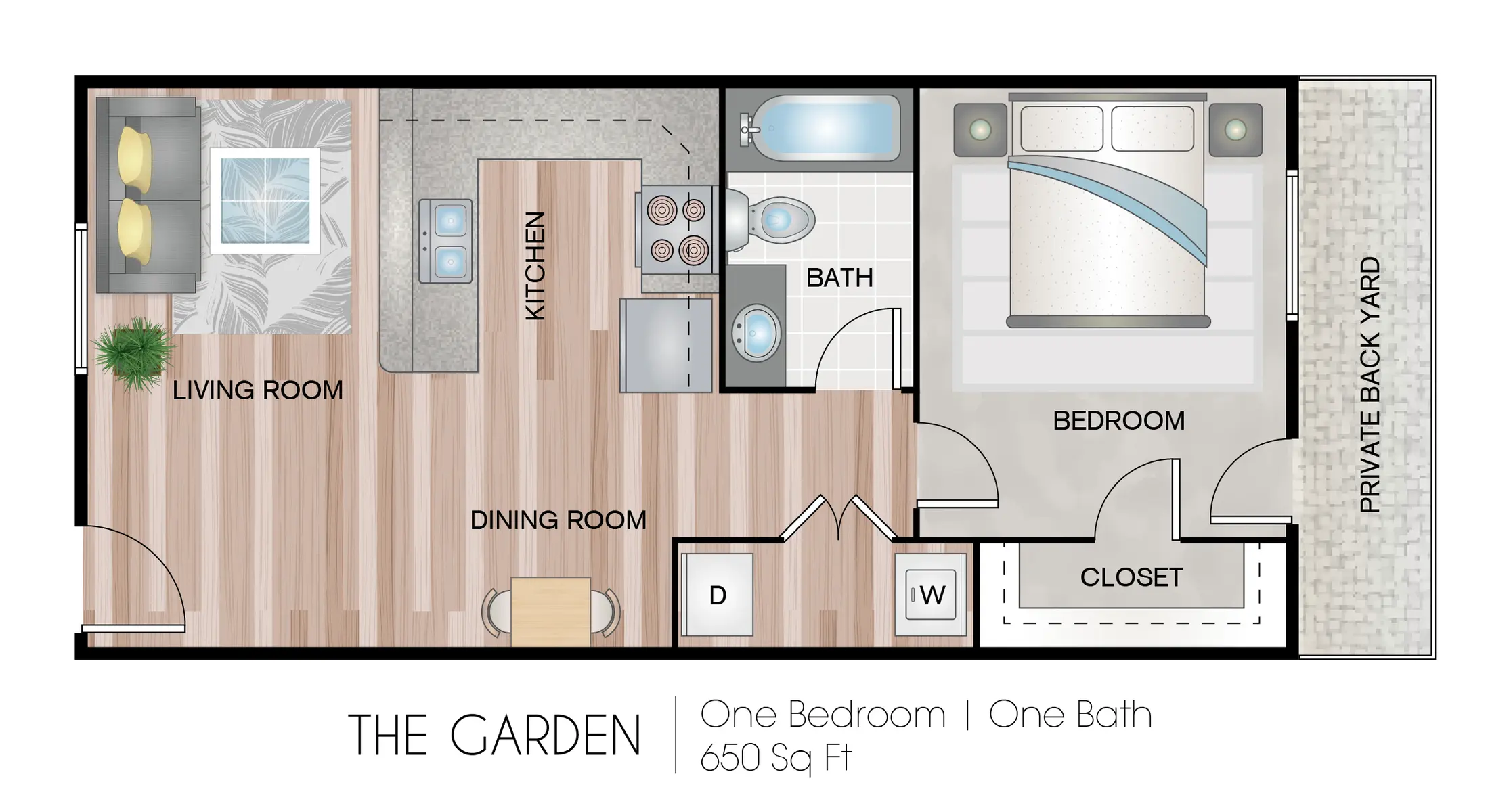 A floor plan of a one-bedroom, one-bath apartment labeled 'The Garden'. It features a living room, dining room, kitchen, bathroom, bedroom with a closet, and a private back yard. The dimensions are noted as 650 sq ft.