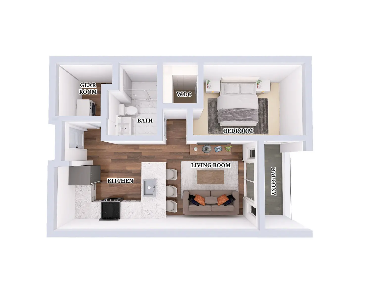 A top-down view of a simple apartment floor plan, showcasing various rooms labeled including a kitchen, living room, bedroom, bath, gear room, and balcony.