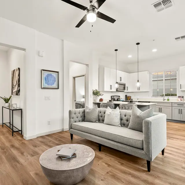 Spacious living area with natural light and designer interiors at The Farmhouse on Estrella