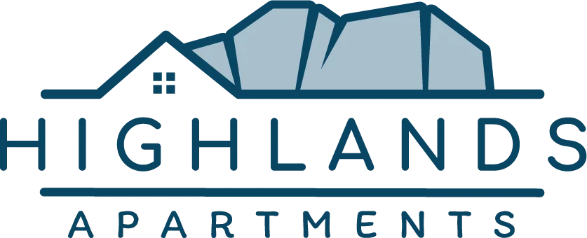 Logo for Highlands Apartments featuring a house silhouette and mountains in the background.