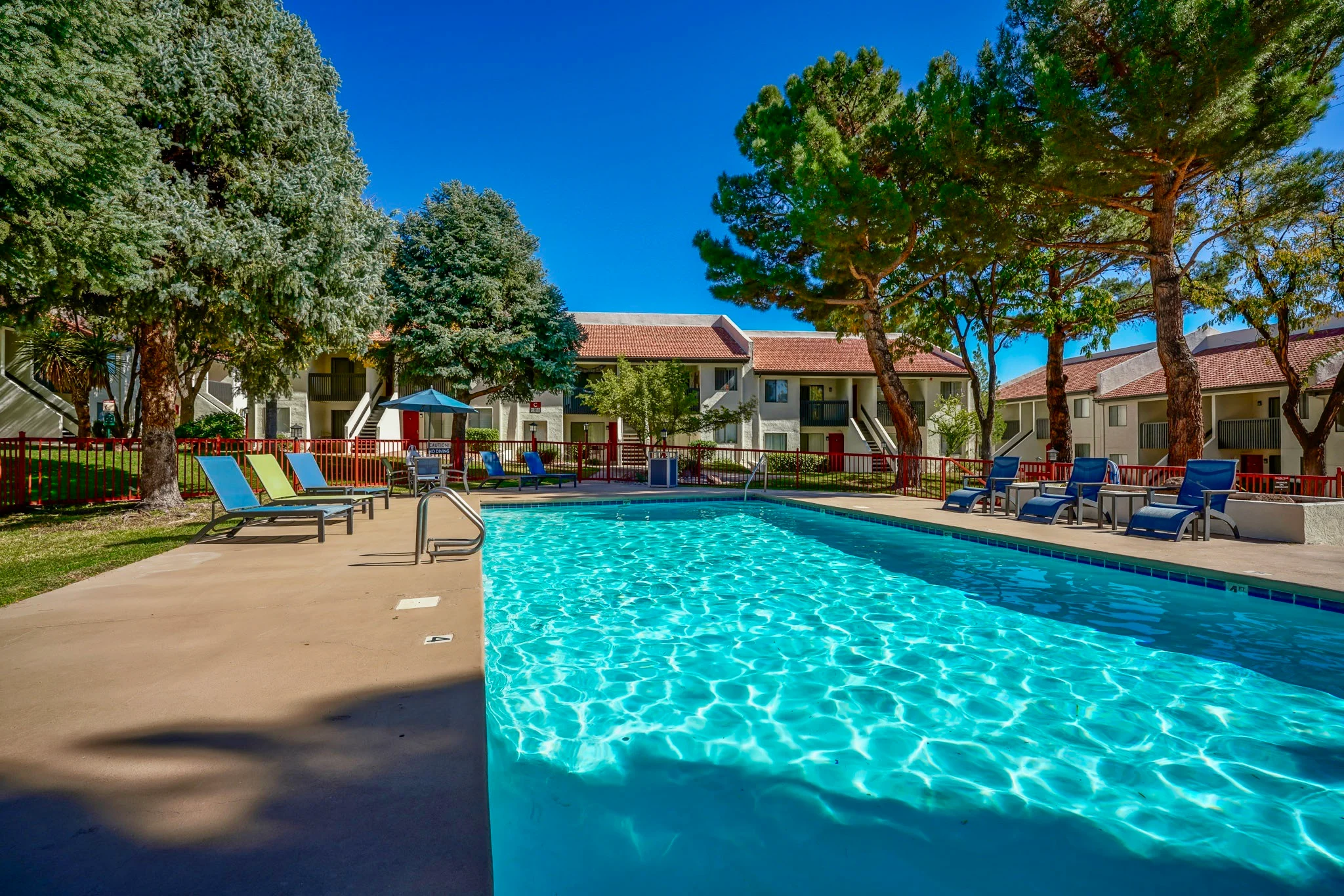 Swimming pool surrounded by lounge chairs and trees in an apartment community.