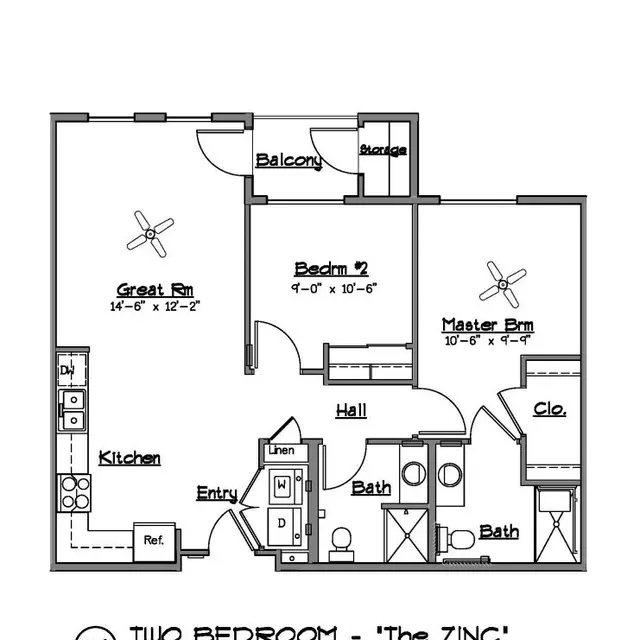 Floor plan of a two-bedroom apartment titled 'The Zinc' at Mountain View Senior Apartments, featuring a great room, kitchen, two bedrooms, two bathrooms, and a balcony.