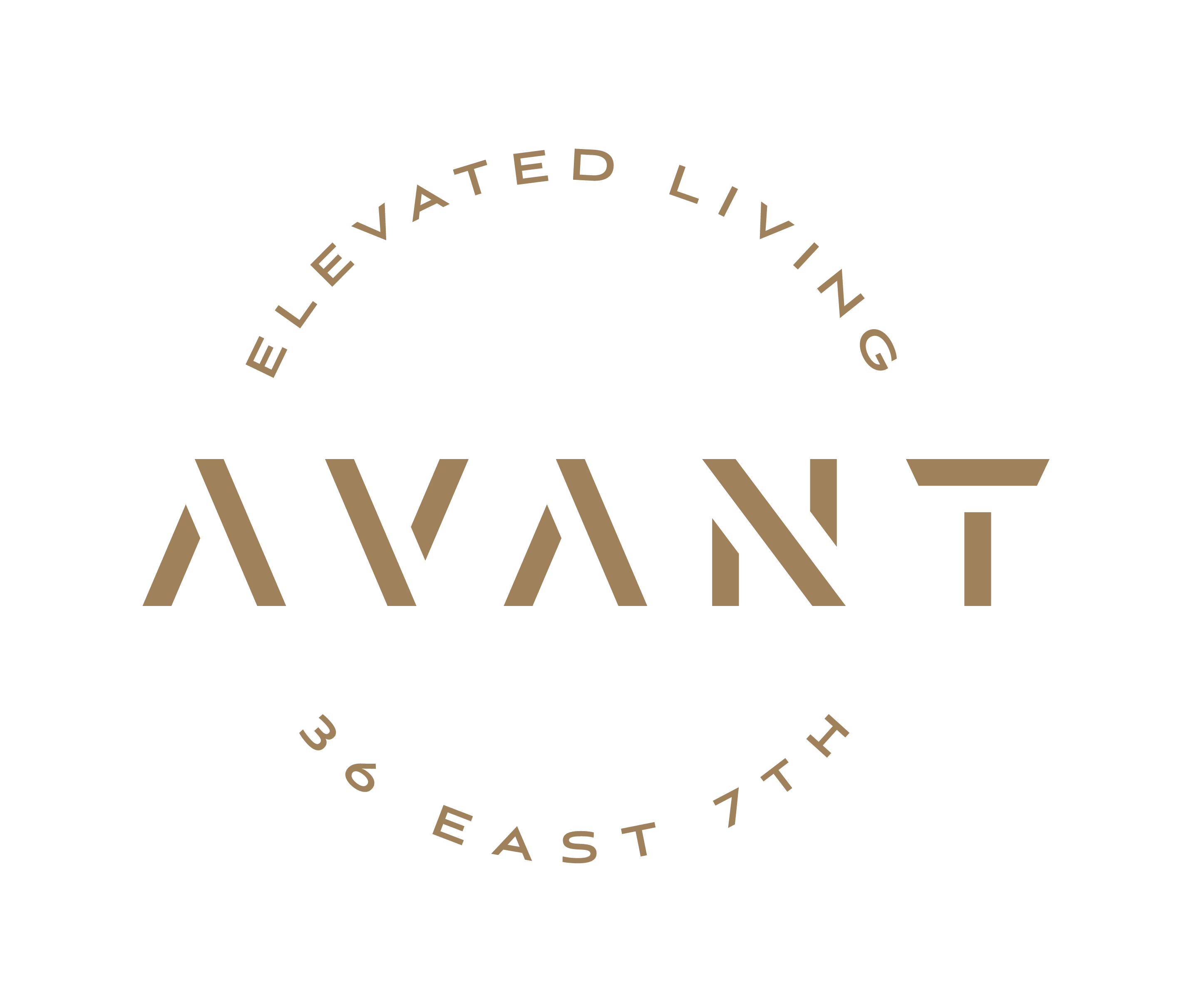 Logo for AVANT with the text 'Elevated Living' and address '36 East 7th'