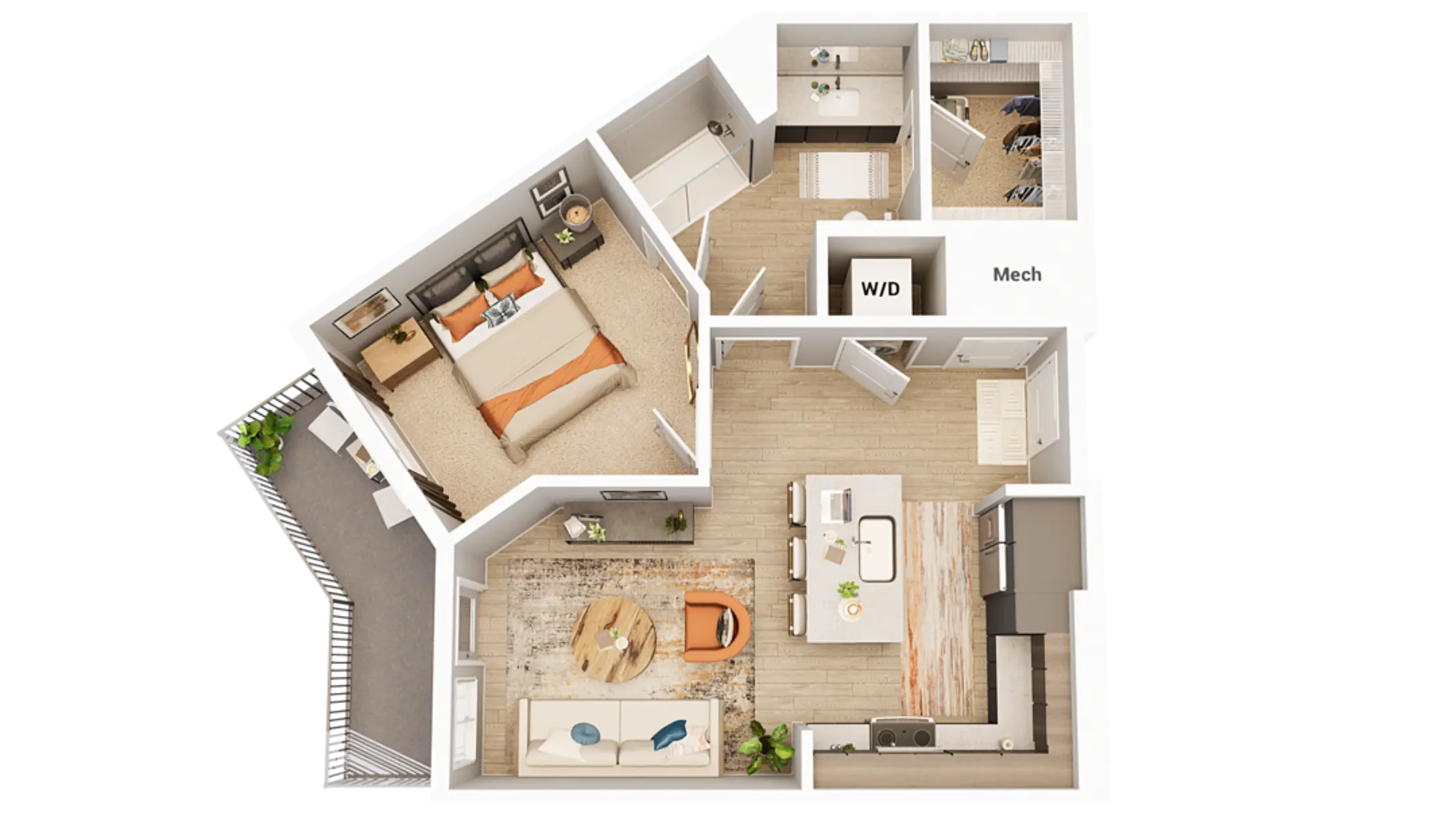 Apartment Floor Plan A detailed floor plan of an apartment featuring a bedroom, kitchen, living area, and utility space labeled 'Mech'.
