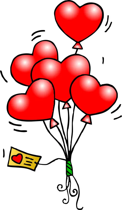 A bunch of red heart-shaped balloons tied together with a green string, featuring a tag attached with a heart symbol.