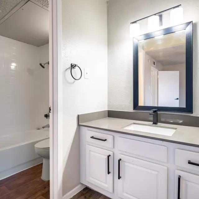 A modern bathroom interior featuring a white vanity with a sink, a black framed mirror, a bathtub in the background, and wooden flooring.