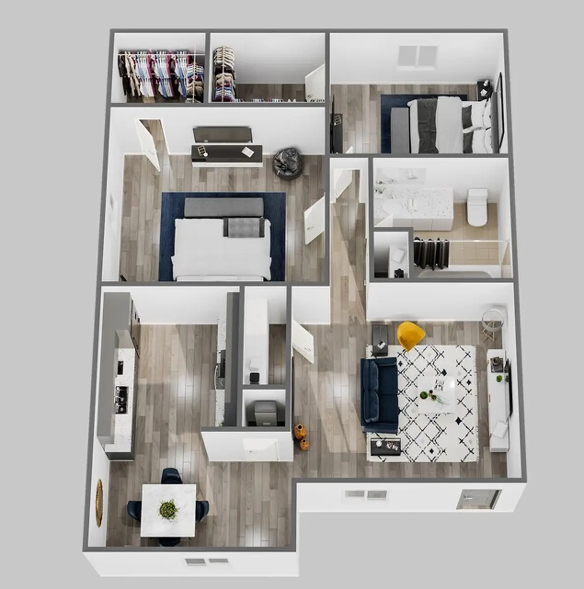 An architectural floor plan of a modern apartment layout showing various rooms, furniture arrangements, and spatial organization.