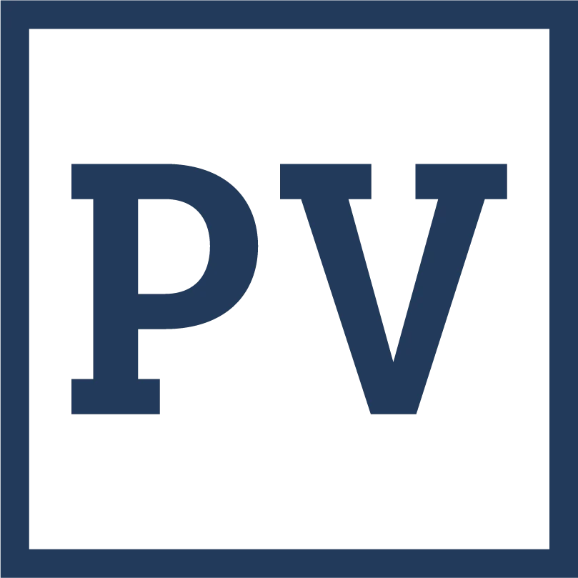 Logo featuring the letters P and V in a bold font, set against a green background with a blue outline.