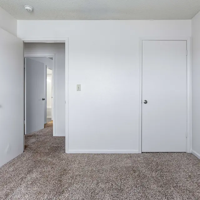 A sparse room with two closed doors and light beige carpet. The walls are painted white, and there is a door leading to another room visible in the background.
