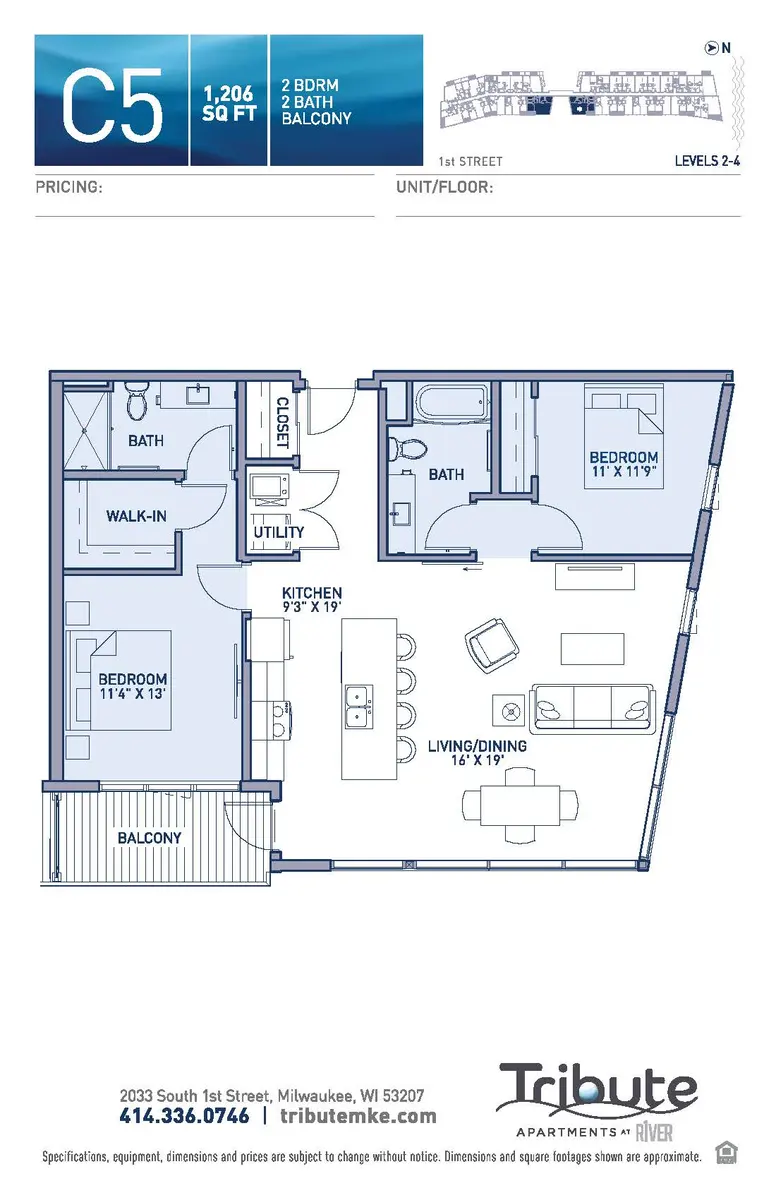 A floor plan illustration labeled C5 showing a 2-bedroom, 2-bath apartment design. The layout includes a kitchen, living/dining area, two bedrooms, bath, utilities, walk-in closet, and a balcony.
