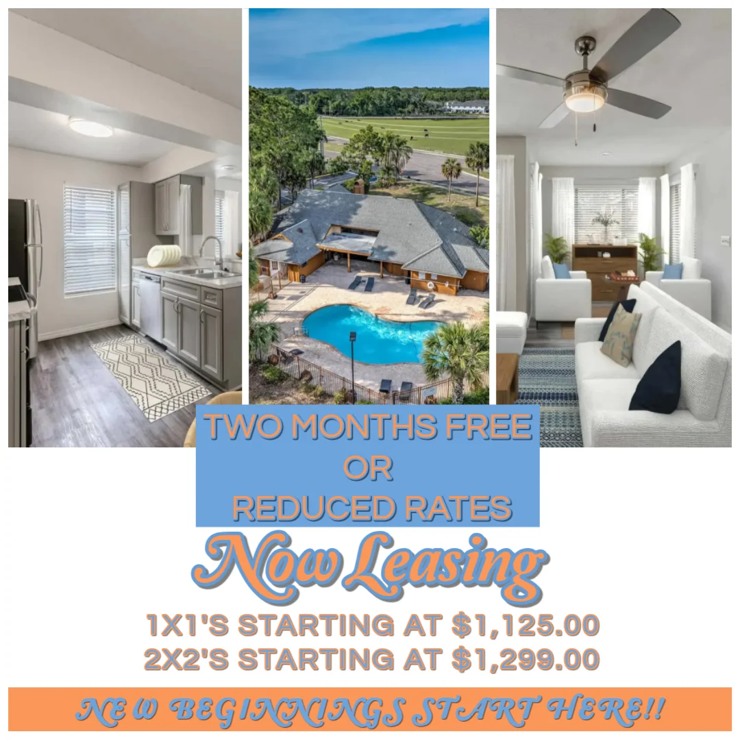 Apartment Leasing Promotion A leasing advertisement featuring a kitchen, pool view, and living room area, promoting reduced rates and special offers.