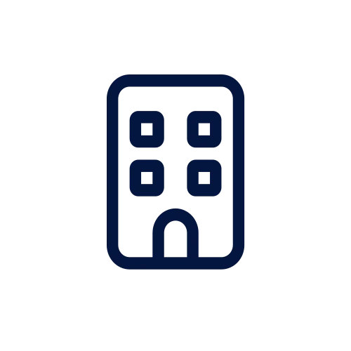 A simple line icon representing a building with four windows and a door.