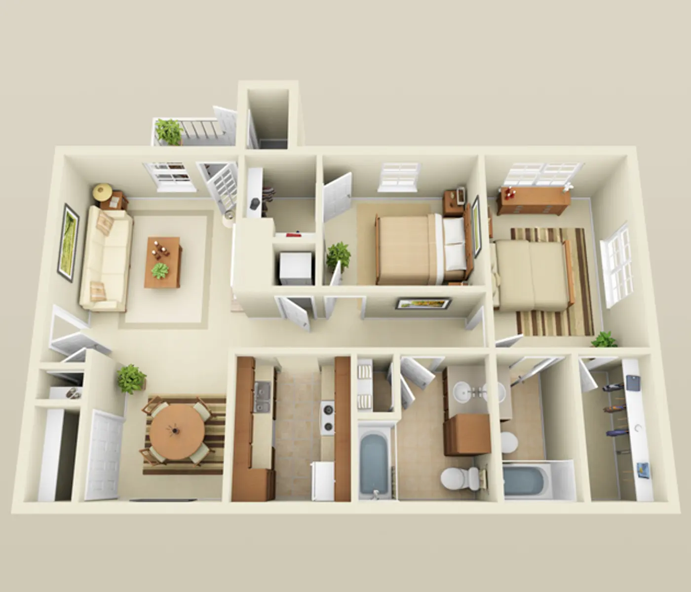 A top-down view of a floor plan for a house, featuring a living room, kitchen, two bedrooms, a bathroom, and a dining area.
