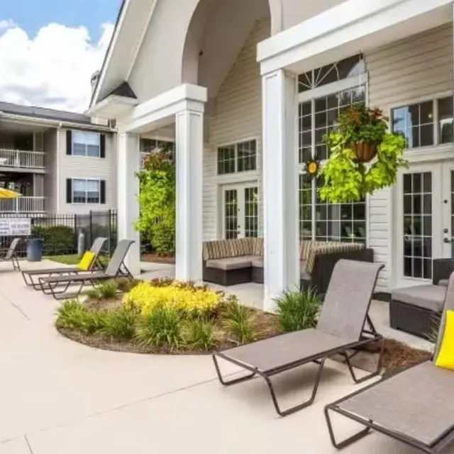 An outdoor lounge area with lounge chairs, vibrant yellow cushions, and green plants, set against a modern building with large windows.