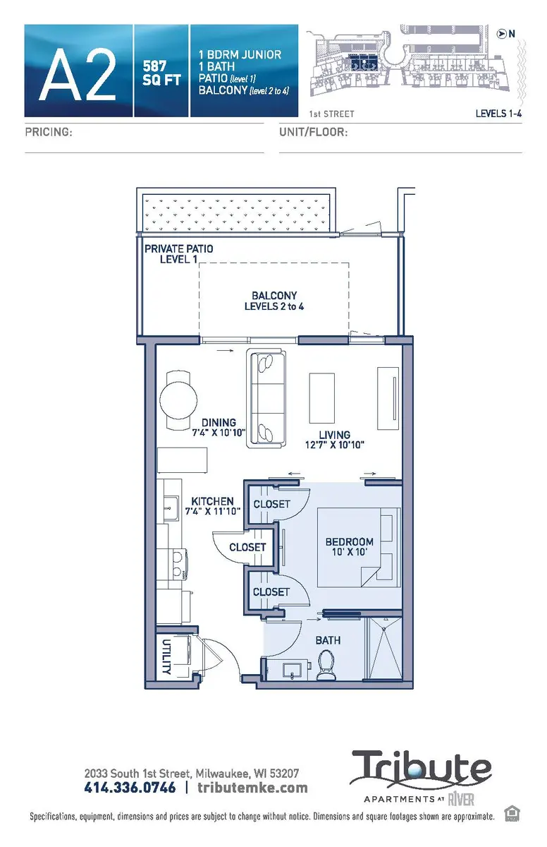 Floor plan of a 1 bedroom junior apartment with a bath and balcony, showing layout details.