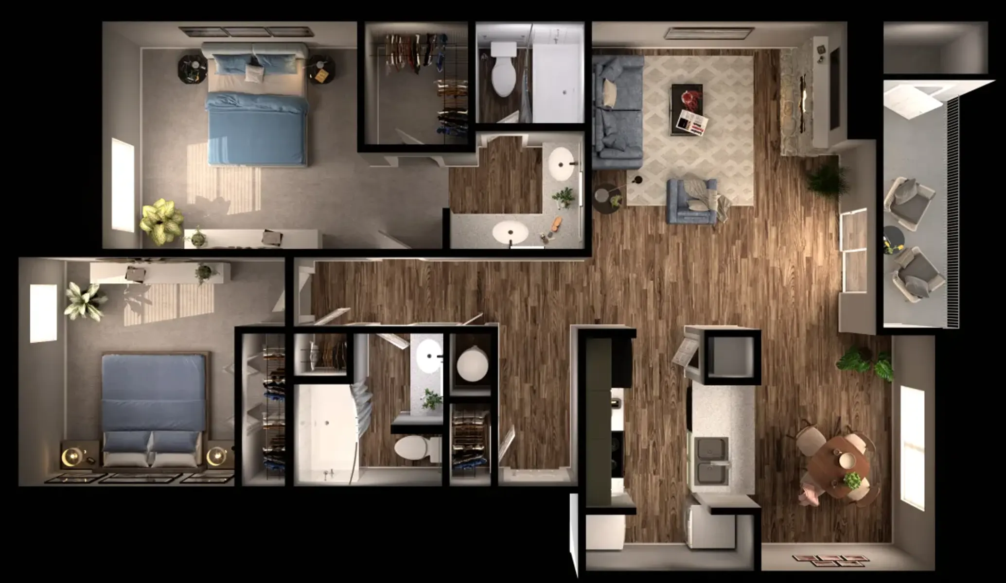 A digital rendering of a residential floor plan showing various rooms including a living room, bedroom, kitchen, and dining area.
