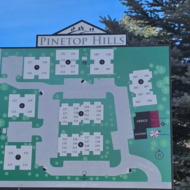 A map showing the layout of Pinetop Hills, featuring numbered units and locations for the office and laundry.