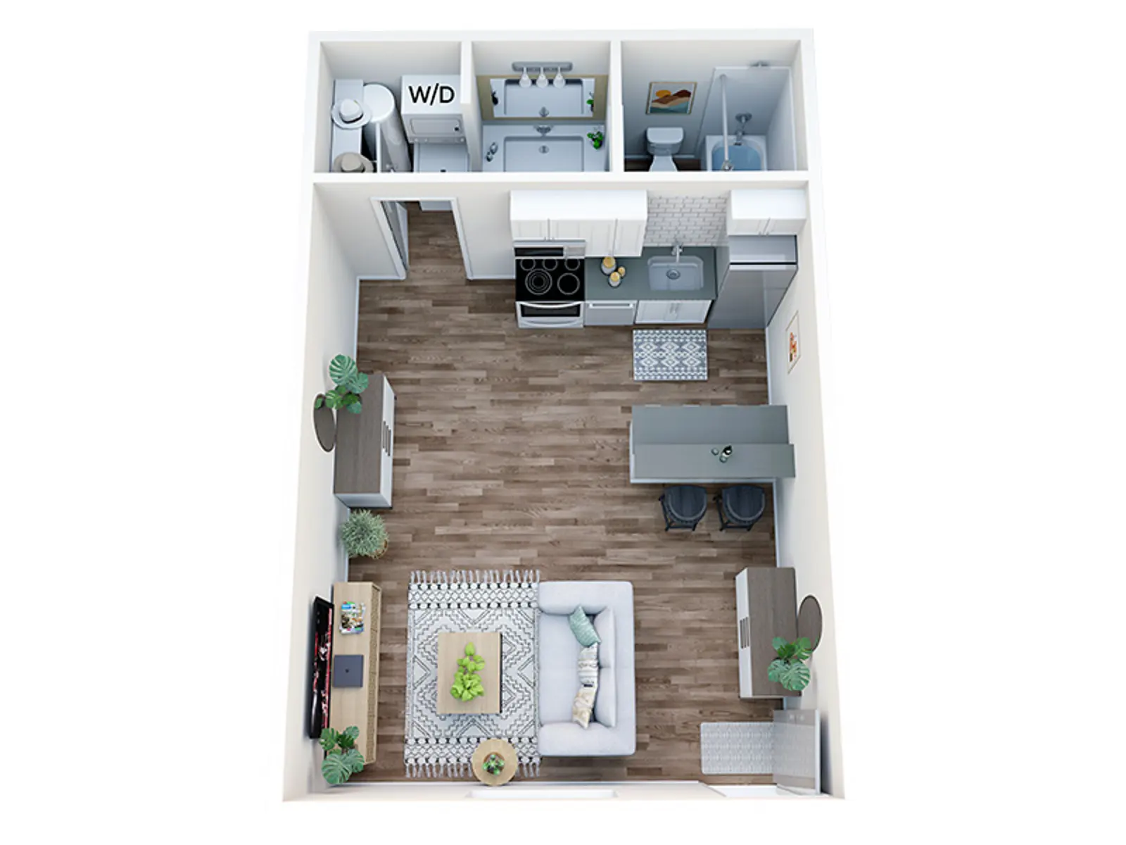 Aerial view of a one-bedroom apartment layout featuring a living area, kitchenette, dining space, and separate bathroom. The living area includes a sofa and TV, with a dining table for four nearby. The kitchenette is compact with modern appliances, and there are plants for decoration.