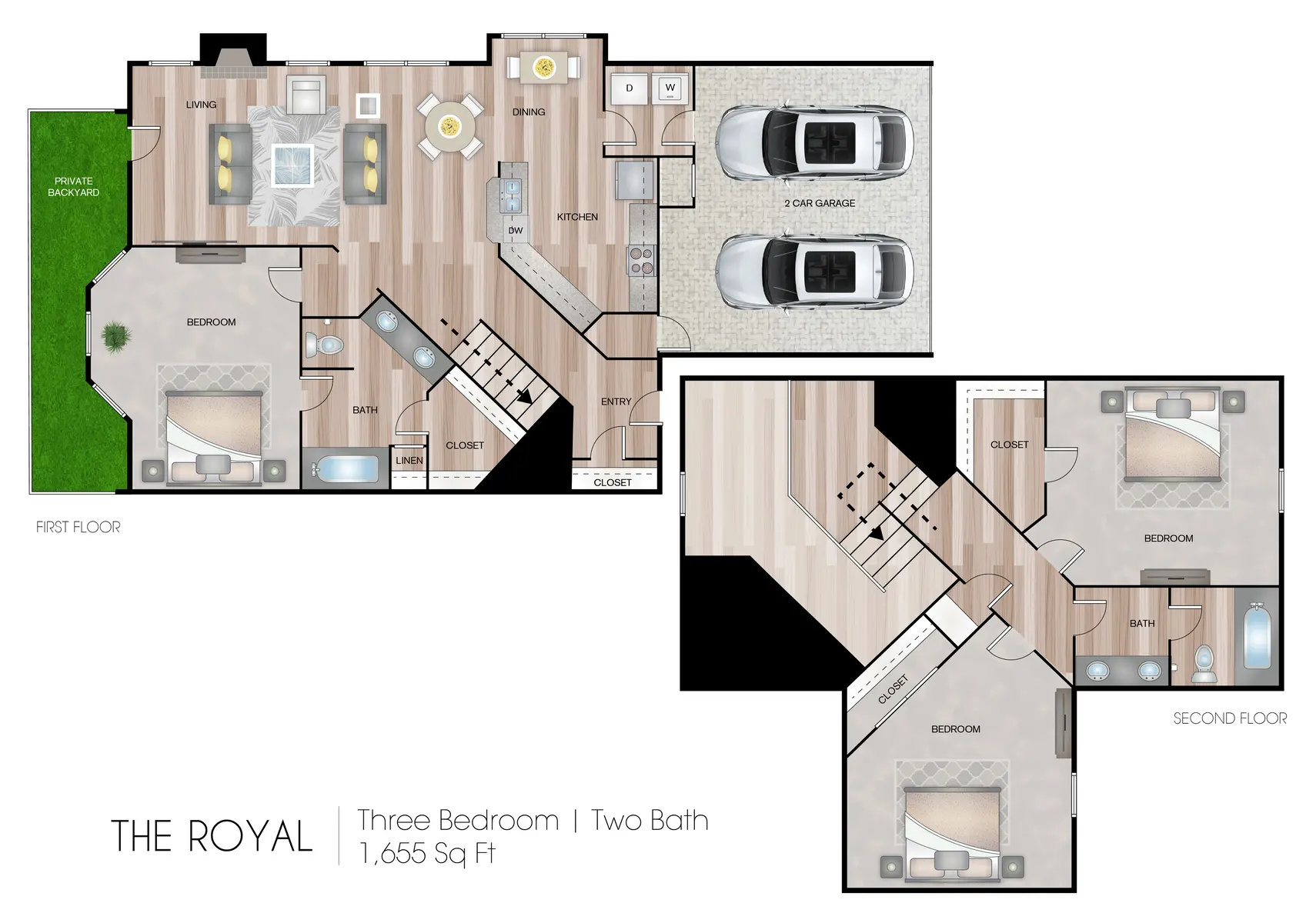 A detailed floor plan for 'The Royal', highlighting a three-bedroom, two-bathroom layout with a total area of 1,655 sq ft. The design includes a garage and outdoor space.