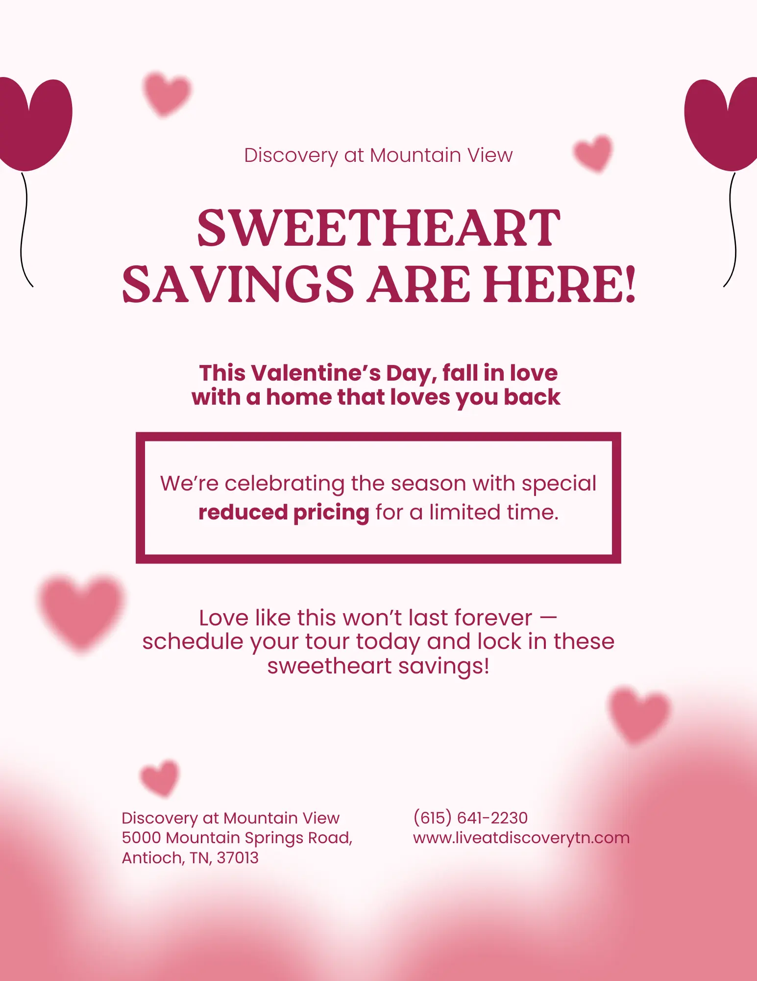 Promotional flyer for sweetheart savings at Discovery at Mountain View, featuring hearts and a Valentine's Day theme.