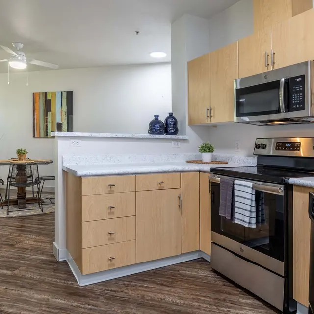 A modern kitchen featuring wood cabinetry, stainless steel appliances, and an open layout leading to a living area. There is a ceiling fan, and plants are placed on the countertop and dining table.