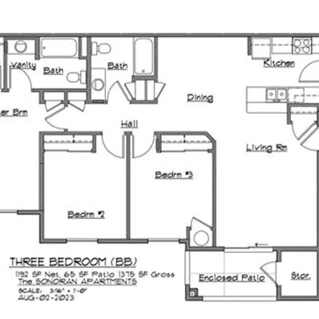 A floor plan for a three-bedroom apartment, showing a detailed layout including bedrooms, bathrooms, kitchen, living room, dining area, and entry.
