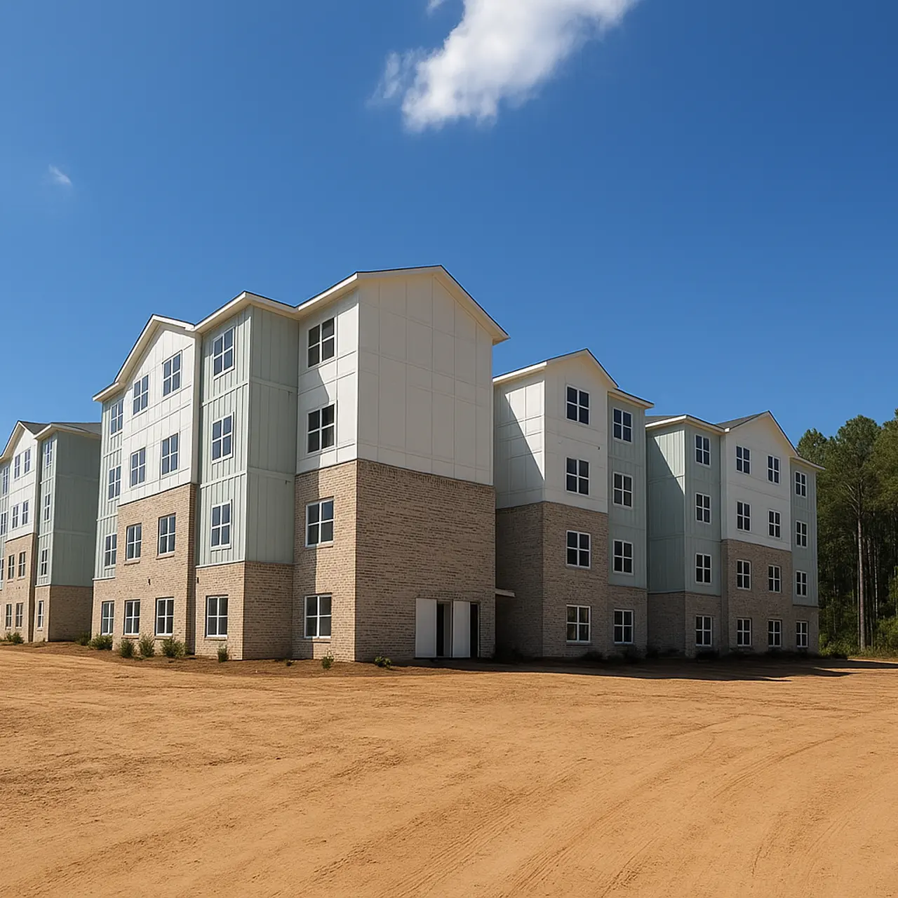 A new multi-story residential building complex with modern architectural design, sitting in a dirt field surrounded by trees under a clear blue sky.