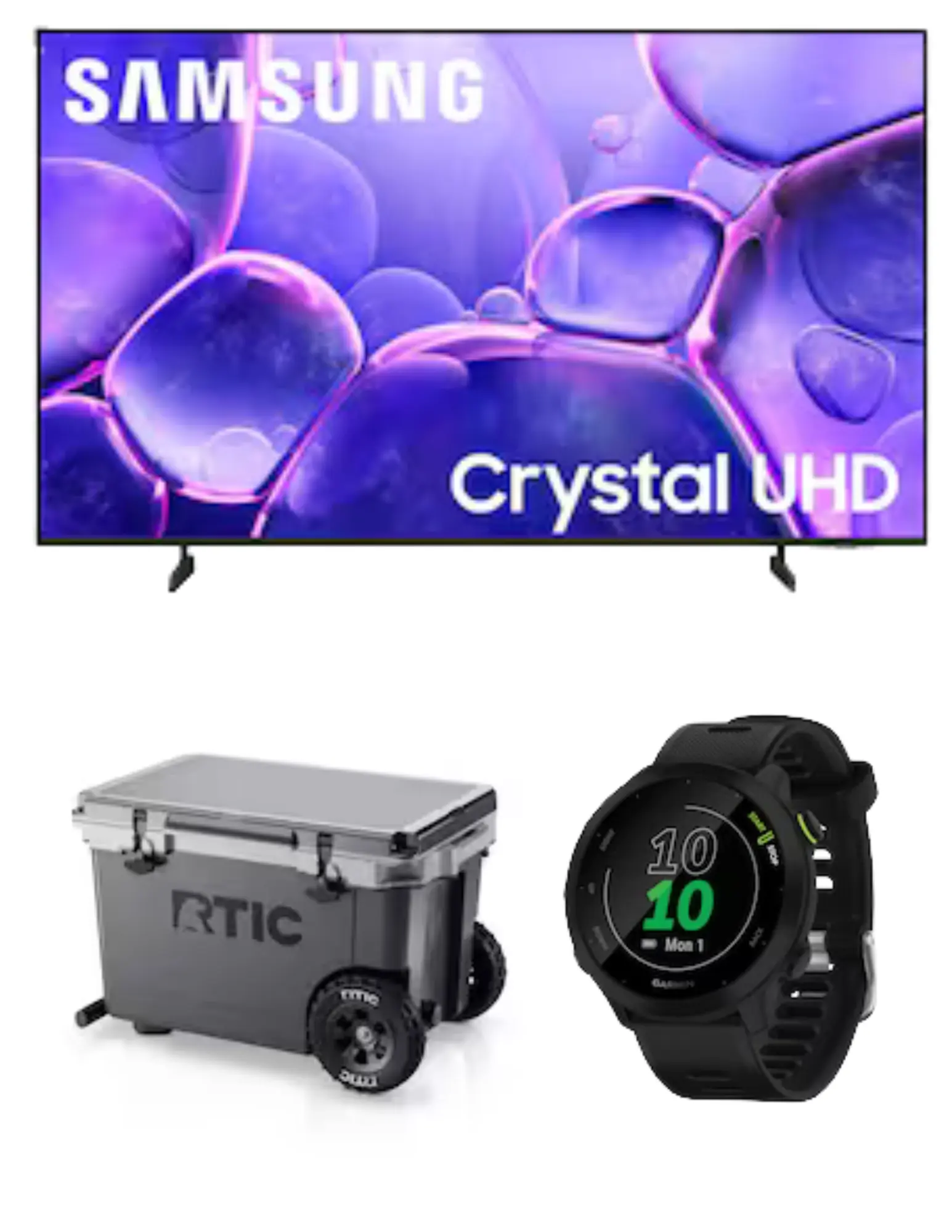 A Samsung Crystal UHD TV displaying colorful graphics, an RTIC cooler on wheels, and a black smart watch showing the time.