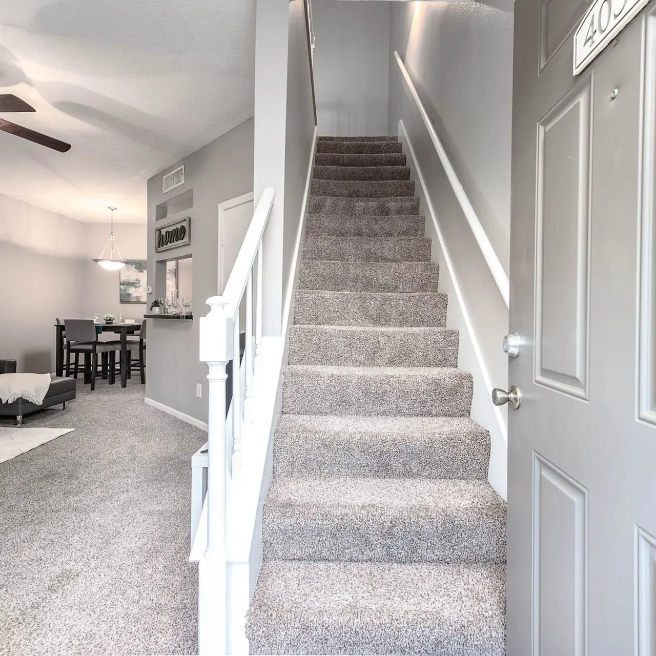 Park on Elridge Apartments - Living Room, Appliance, Staircase, Ceiling Fan