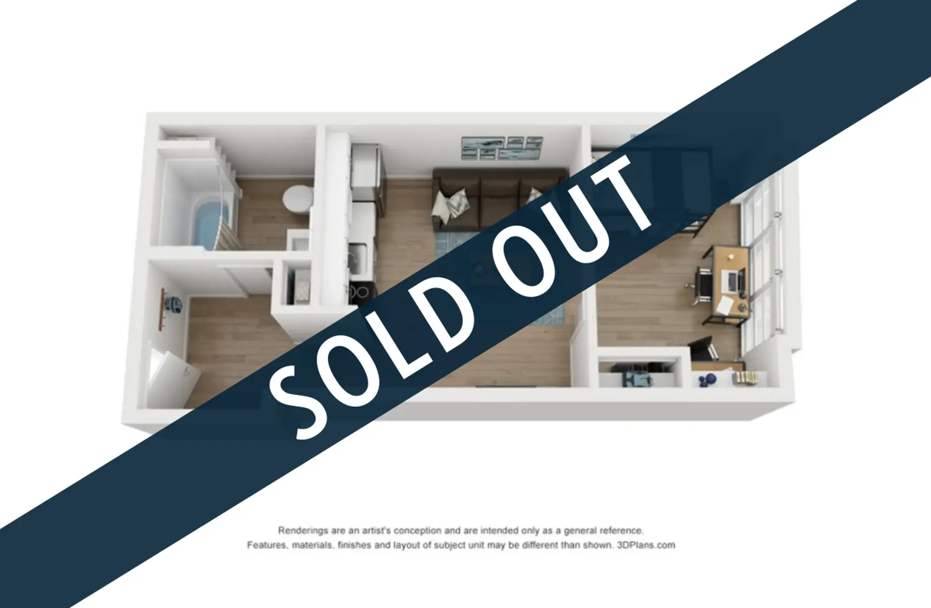 A 3D illustration of a floor plan showing various rooms and furniture layout, marked with a bold overlay text 'SOLD OUT'.