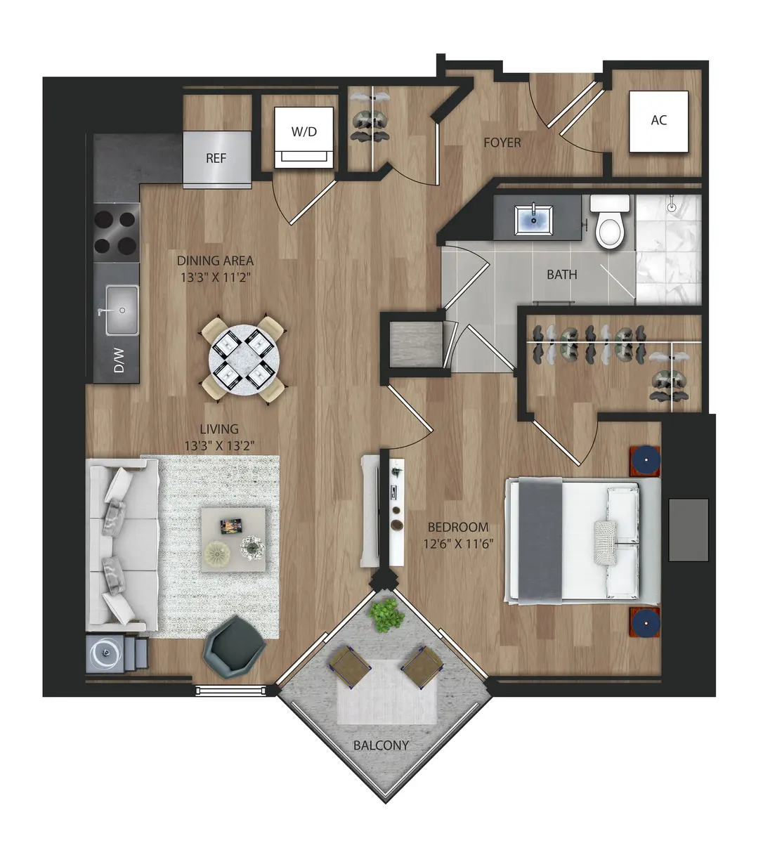 A detailed floor plan of a one-bedroom apartment featuring a living area, dining area, kitchen, bedroom, bathroom, foyer, and balcony.