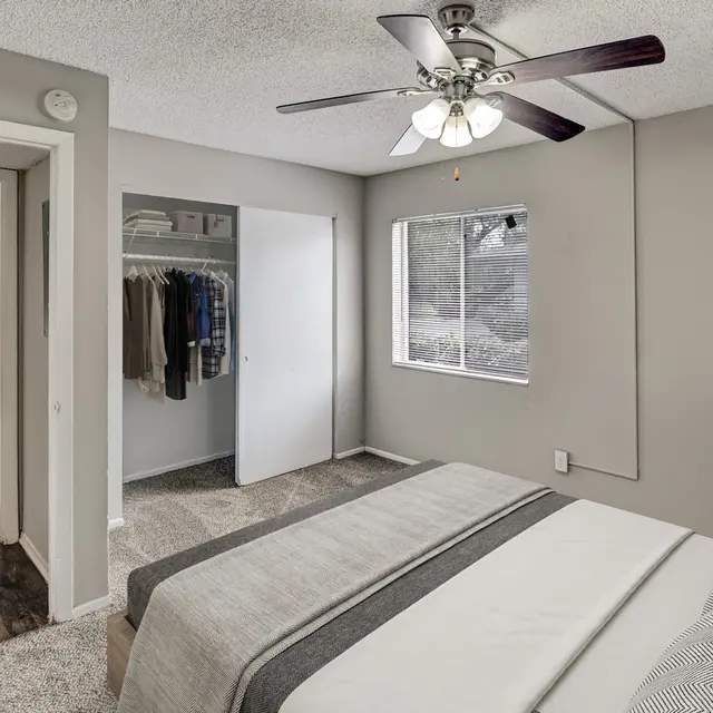 A modern bedroom with a king-size bed, a ceiling fan, and a closet visible in the background. The room features light gray walls and a window letting in natural light.