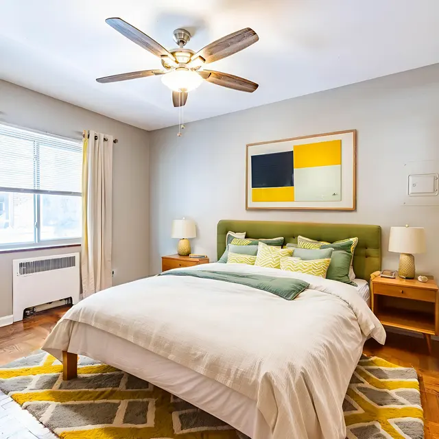 A cozy bedroom featuring a green accent wall, a neatly made bed with a light gray comforter and colorful pillows, a wooden floor with a geometric rug, a ceiling fan, and a large window with beige curtains.