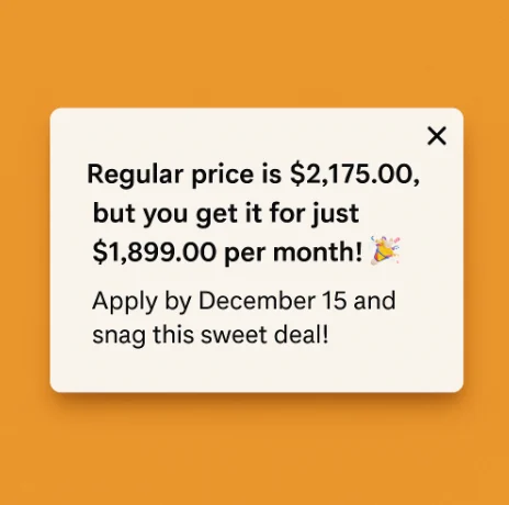 Promotional message displaying a price reduction and application deadline.