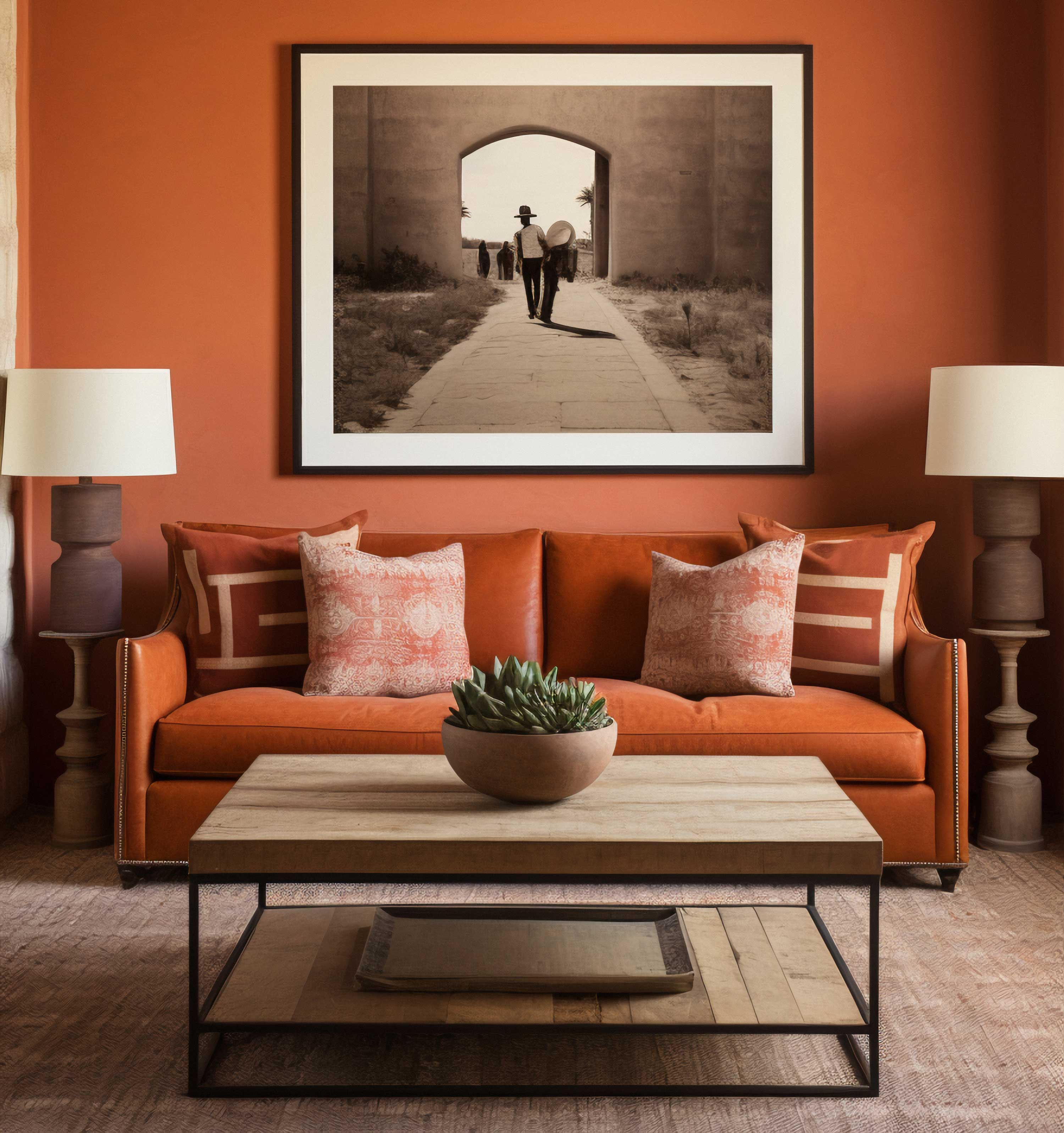 A modern living room featuring an orange sofa adorned with patterned pillows, a wooden coffee table with a round plant pot, and two stylish lamps on the sides. A large black-and-white framed photograph of a person walking through an archway hangs on the wall, which is painted in a warm orange hue.