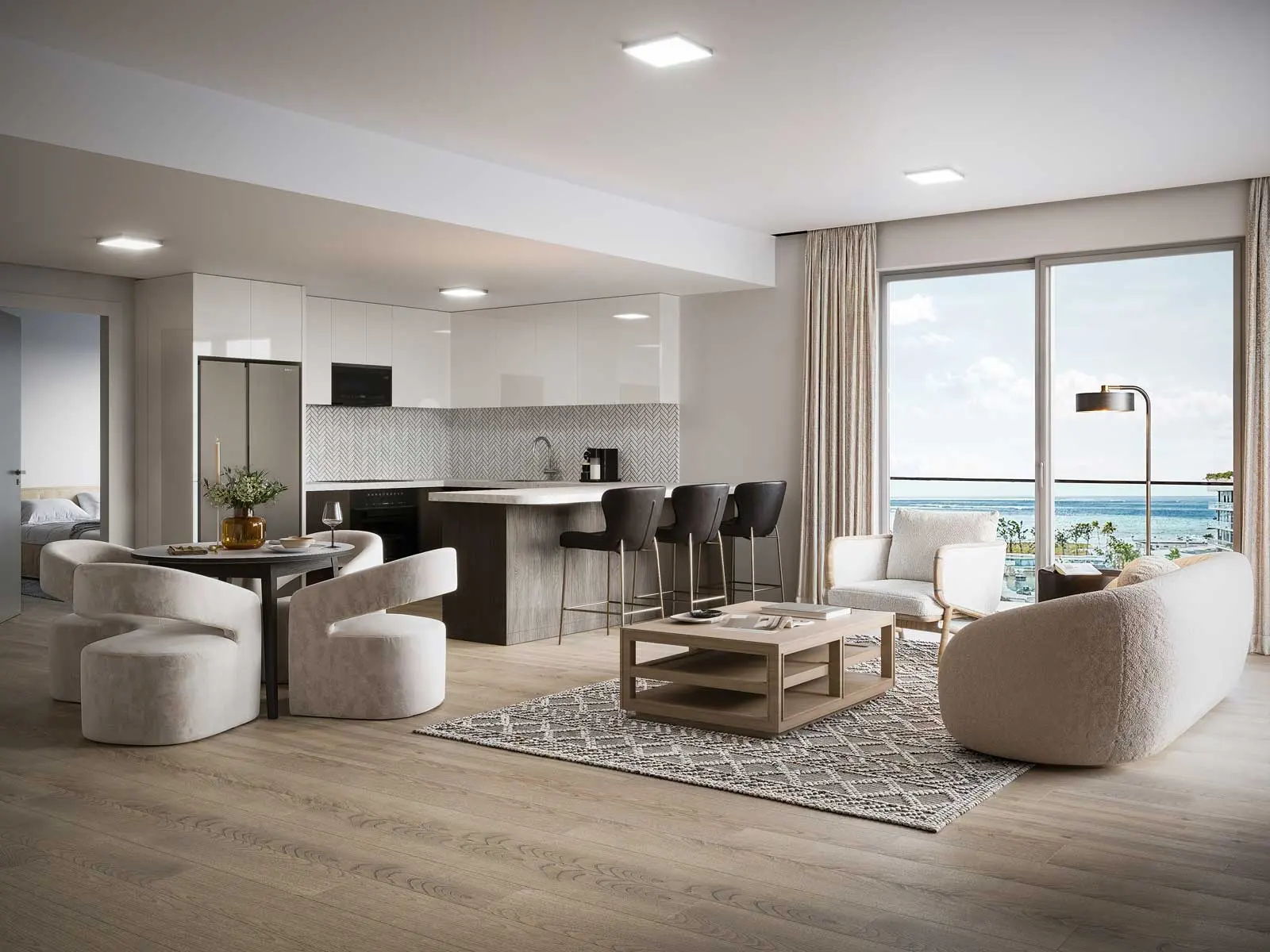 Stylish Modern Apartment Interior A modern apartment interior featuring an open living space with a sofa, coffee table, dining area, and kitchen. Large windows provide a view of the outdoors.