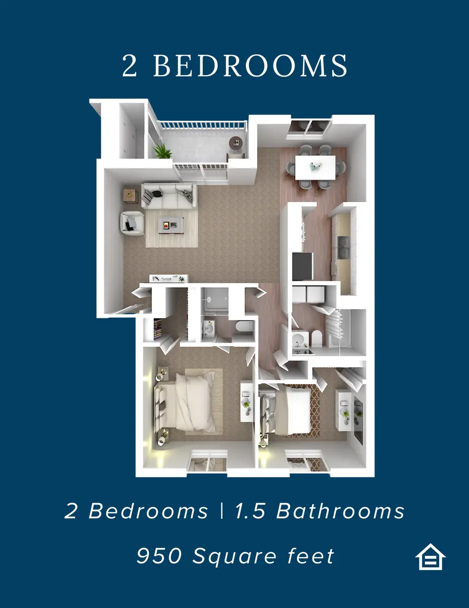 An architectural layout of a two-bedroom apartment, showing two bedrooms, one and a half bathrooms, a living area, and a kitchen in a modern design.