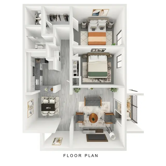 Modern Apartment Floor Plan An overhead view of a modern apartment floor plan indicating spaces for living, dining, bedroom, and kitchen areas.