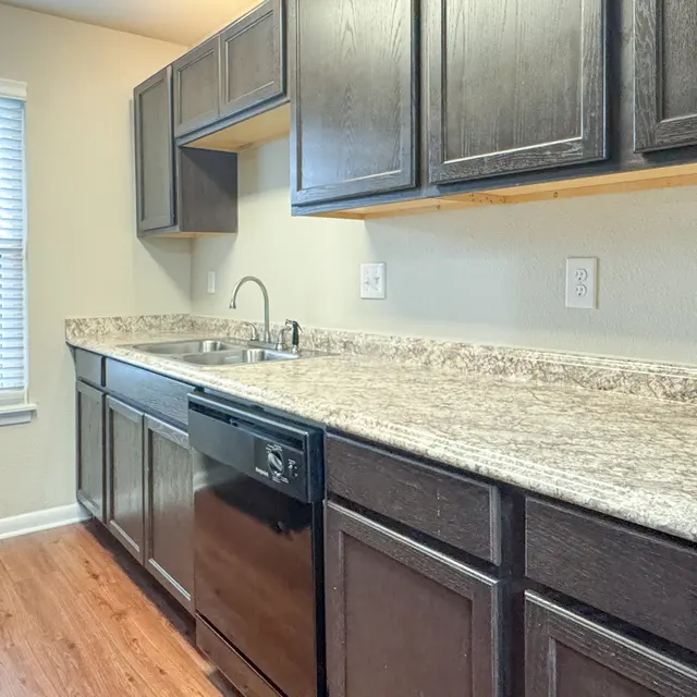 A modern kitchen featuring dark wooden cabinets, granite countertops, a double sink, and a dishwasher. Natural light enters through a window.