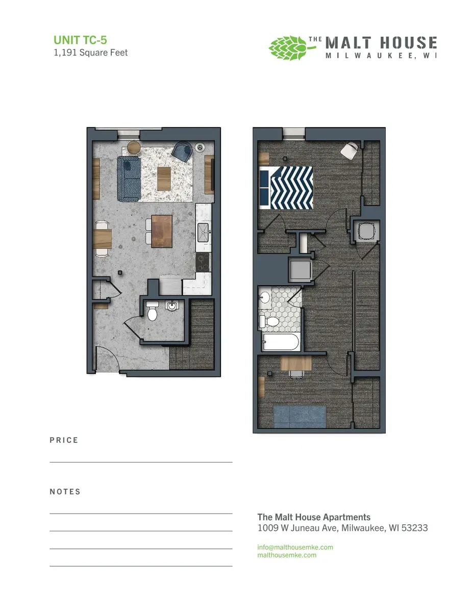 A floor plan for Unit TC-5 at The Malt House Apartments, featuring a layout of living spaces, kitchen, and bedrooms.