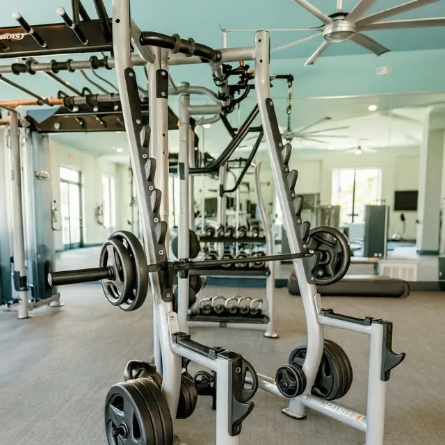 A modern gym interior featuring a weightlifting machine with plates, cables, and a view of other exercise equipment in the background.