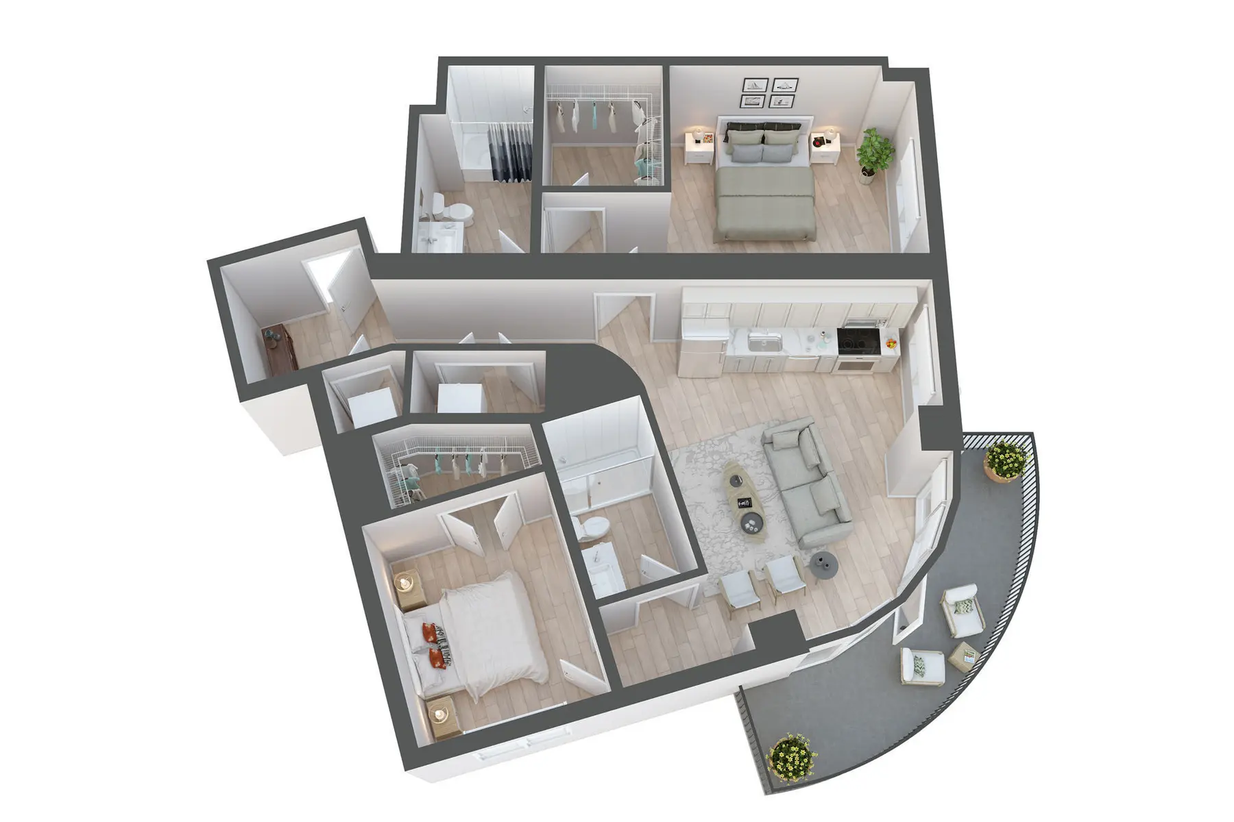 Modern Apartment Floor Plan An aerial view of a modern apartment layout, featuring a living area, kitchen, two bedrooms, and bathrooms, with contemporary furniture and decor.
