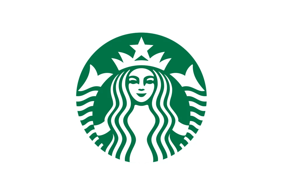 Starbucks logo featuring a mermaid with long hair and a crown surrounded by a green circular border.