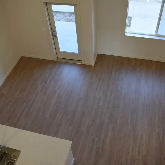 Spacious Empty Living Room A spacious, empty living room with light-colored wooden flooring and a large window letting in natural light. There is a door leading outside on one wall.