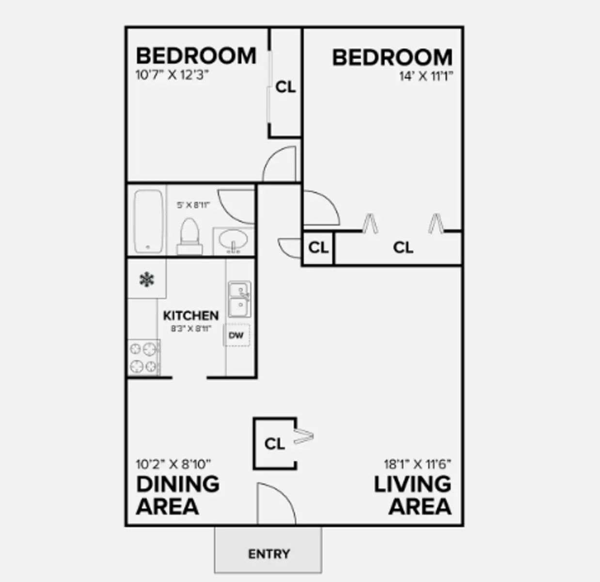 Floor Plan of Two-Bedroom Apartment Floor plan of a two-bedroom apartment featuring two bedrooms, a kitchen, dining area, living area, and entry.